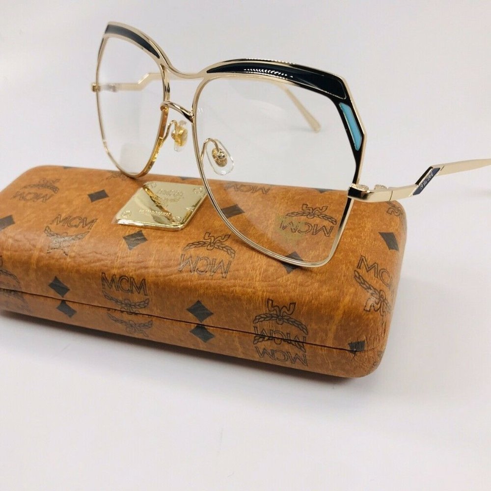 MCM Gold Metal Frame Sunglasses with Black Accents and Light Blue Detail
